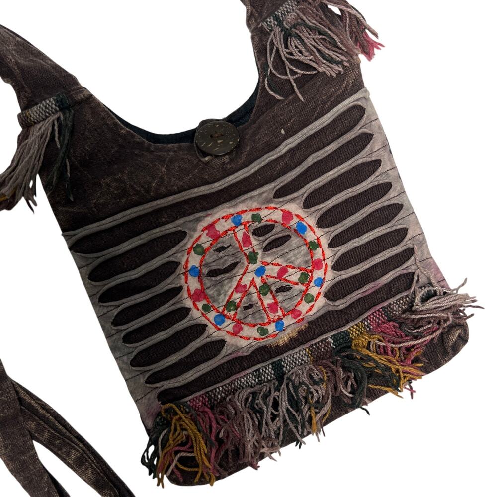 Boho Peace Sign Sling Crossbody Bag Purse Zip Top Lined Fringe Festival - Picture 2 of 11